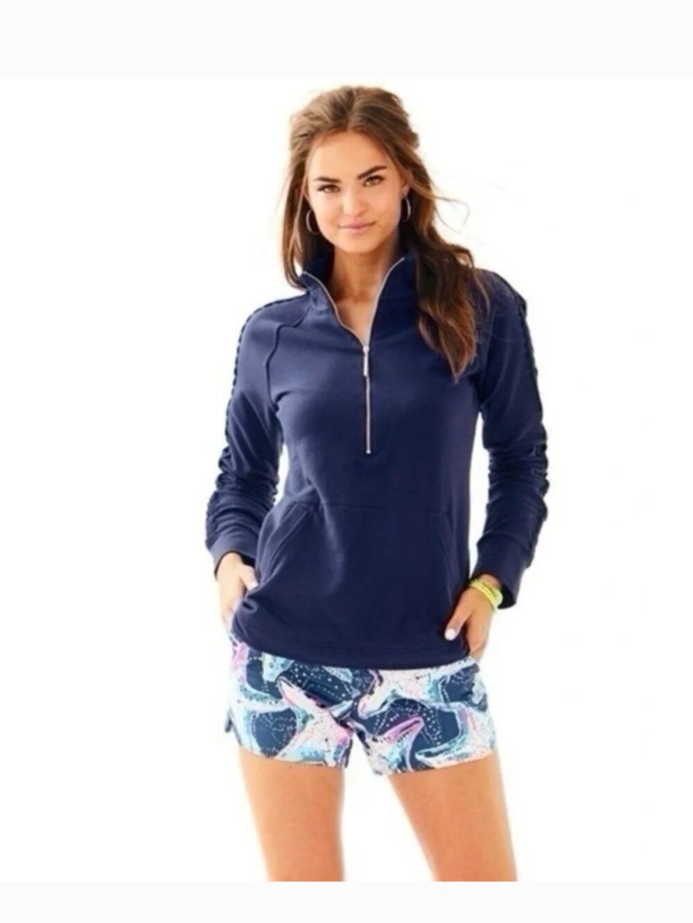 Lilly Pulitzer Skipper Solid Popover Lace Sleeve True Navy Size S